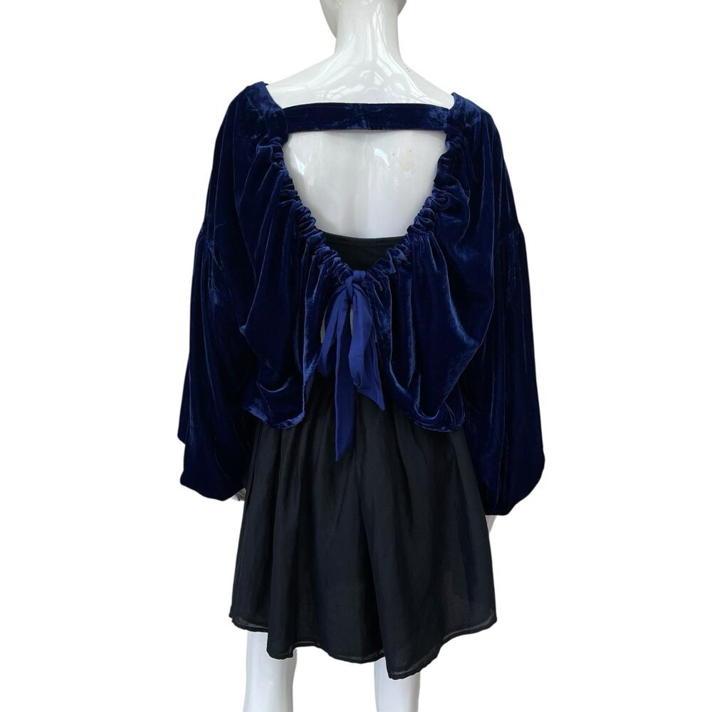 Free People Cobalt Blue Velvet Romantic Poet Sleeve Top Blouse Open Back M